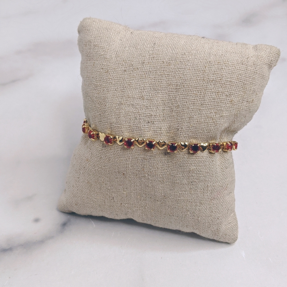 Dainty gold heart & ruby crystal tennis bracelets
